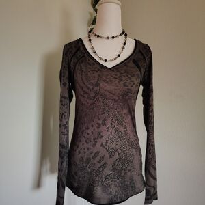 Daytrip | Brown Animal Print V-Neck Long Sleeve Top with Stud Accents